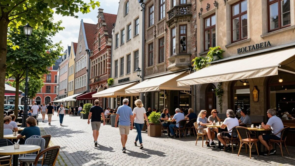 Bunte Straße im Belgischen Viertel Köln mit Cafés und Menschen.