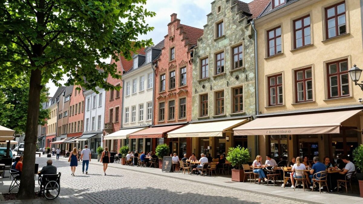 Buntes belgisches Viertel in Köln mit Cafés und Menschen