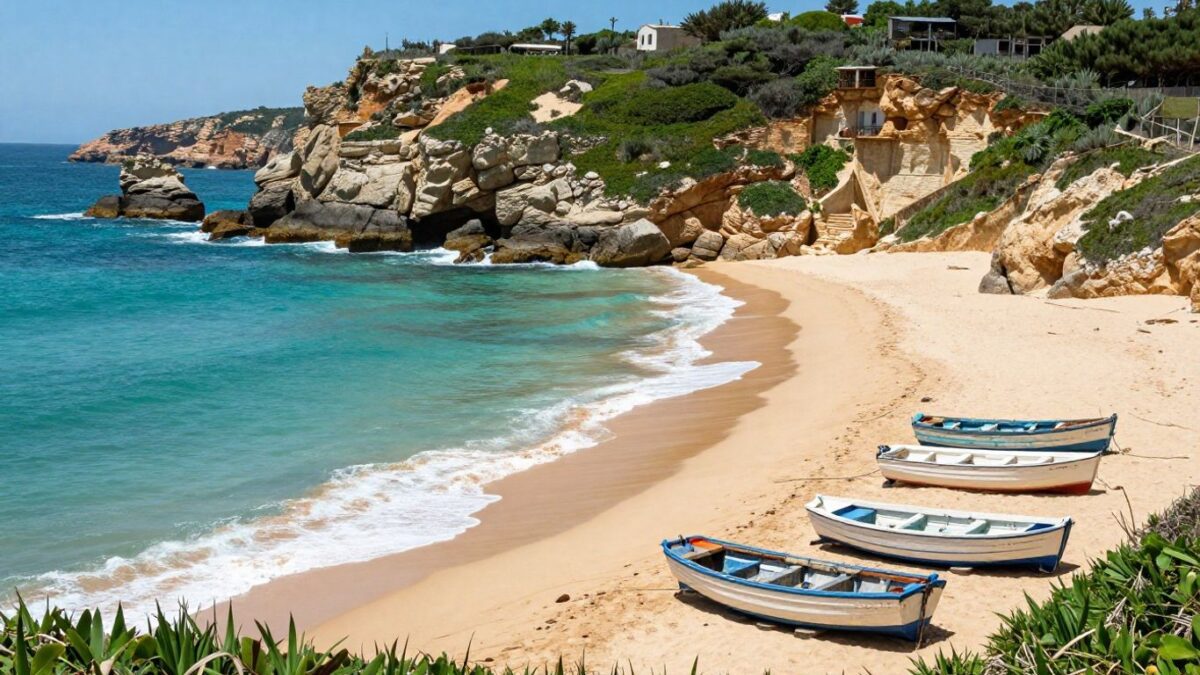 Versteckte Bucht an Portugals wilder Westküste mit Fischerbooten.