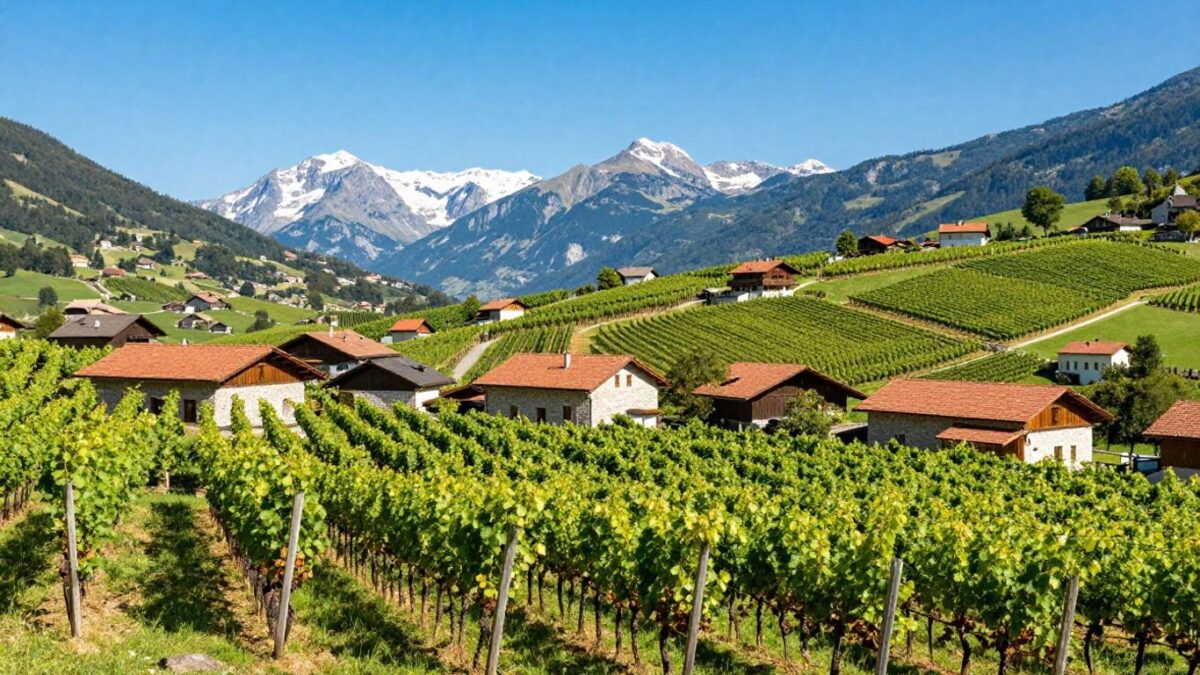 Weinberge in Tramin mit Bergen im Hintergrund