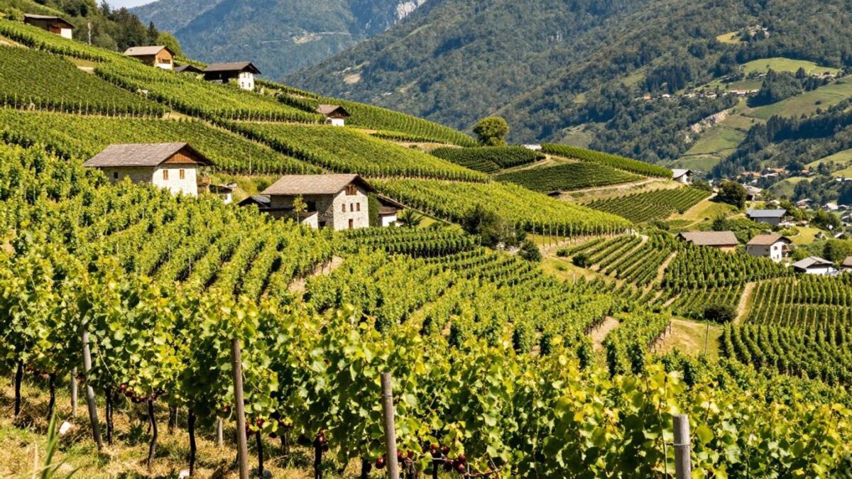 Weinberge und alte Gebäude in Tramin, Südtirol