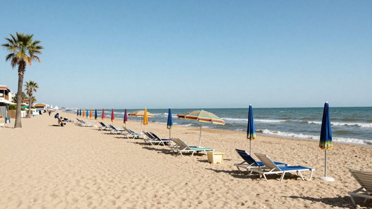Ruhiger Strand auf Lido di Venezia mit Sonnenschirmen