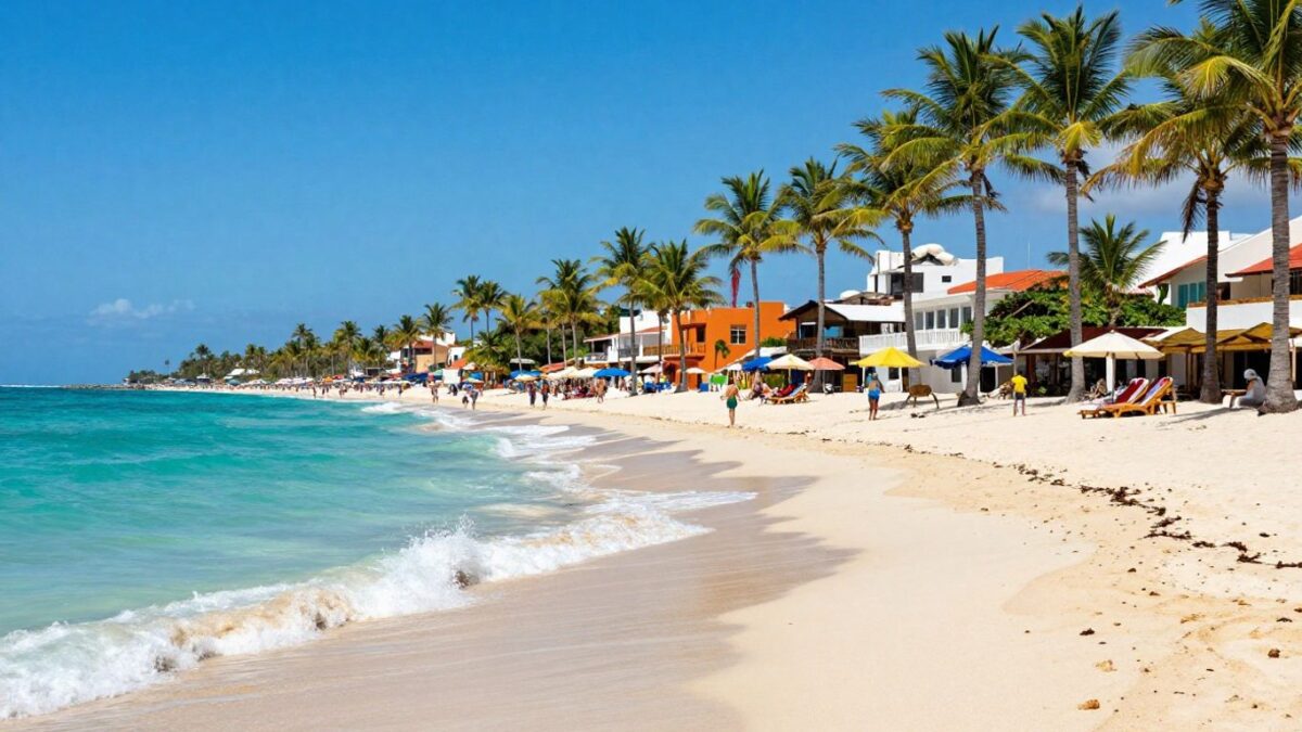 Playa del Carmen Strand mit Palmen und türkisfarbenem Wasser.