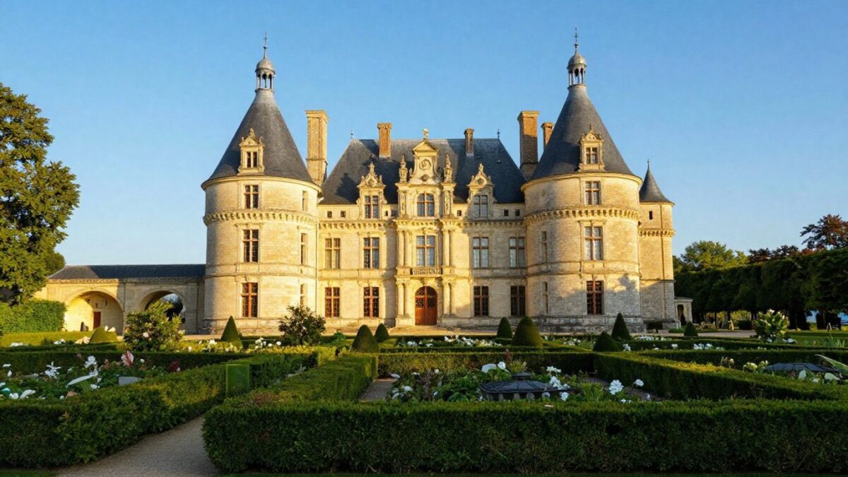 Verstecktes Schloss der Loire mit Garten im Sonnenschein.