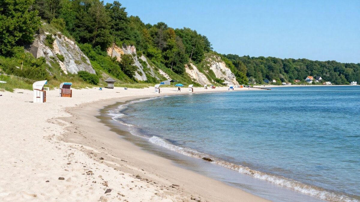 Ruhiger Strand auf Rügen mit klarem Wasser und grünen Klippen.