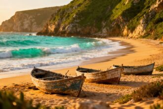 Versteckte Bucht an Portugals Westküste mit goldenem Sand und Klippen.