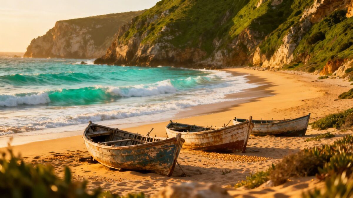 Versteckte Bucht an Portugals Westküste mit goldenem Sand und Klippen.