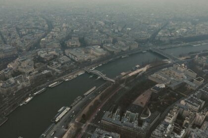 An aerial view of paris and the seine river.