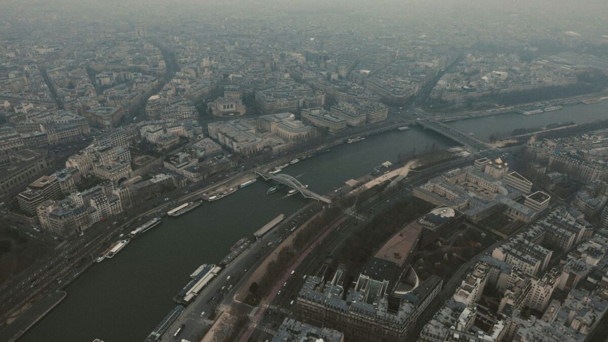 An aerial view of paris and the seine river.