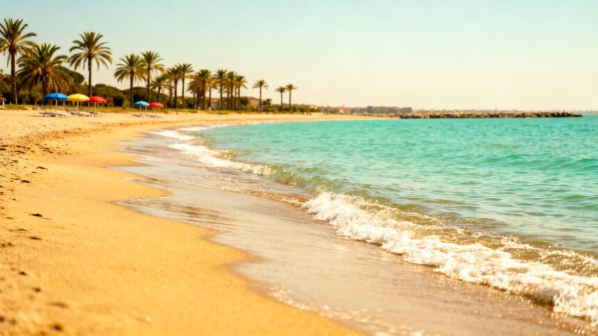 Ruhiger Strand auf Lido di Venezia mit goldenem Sand und türkisfarbenem Wasser.