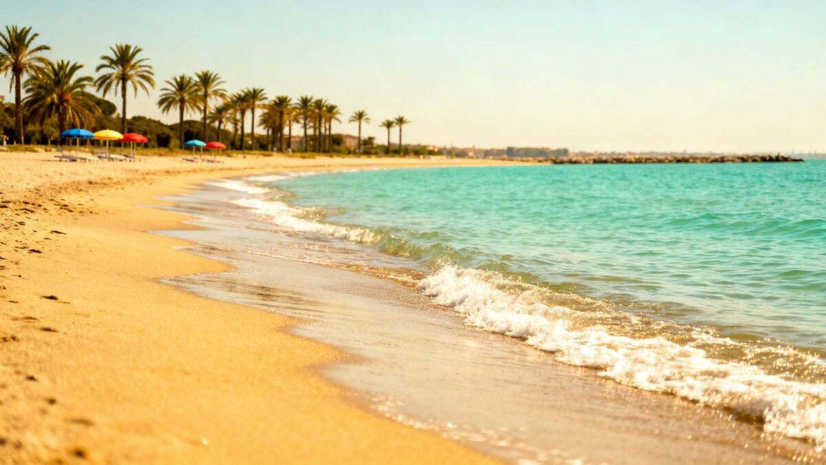 Ruhiger Strand auf Lido di Venezia mit goldenem Sand und türkisfarbenem Wasser.