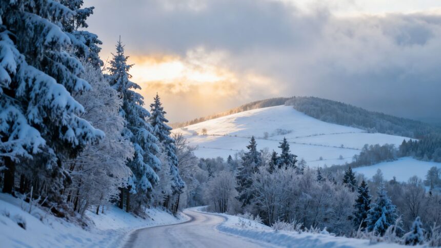 Ruhige verschneite Landschaft im Sauerland mit Bäumen und Hügeln.