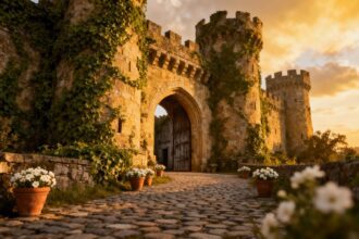 Romantische Burg mit Efeu und Blumen im Sonnenuntergang
