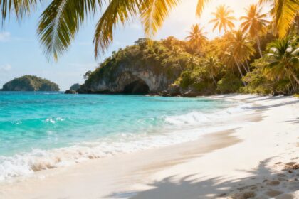 Playa del Carmen Strand mit Palmen und türkisfarbenem Wasser.