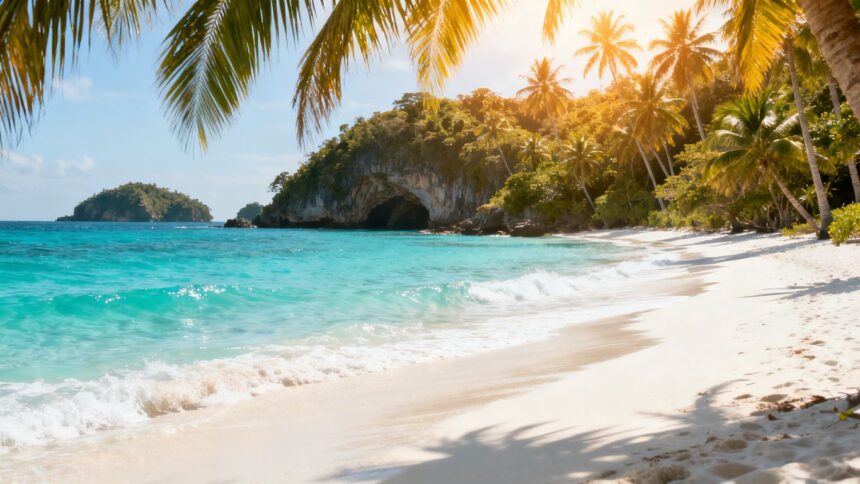 Playa del Carmen Strand mit Palmen und türkisfarbenem Wasser.