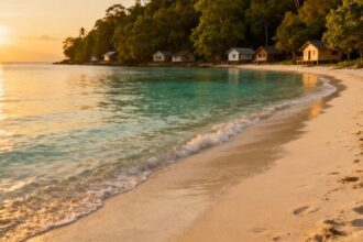 Ruhiger Ostseestrand mit klarem Wasser und grünen Bäumen.