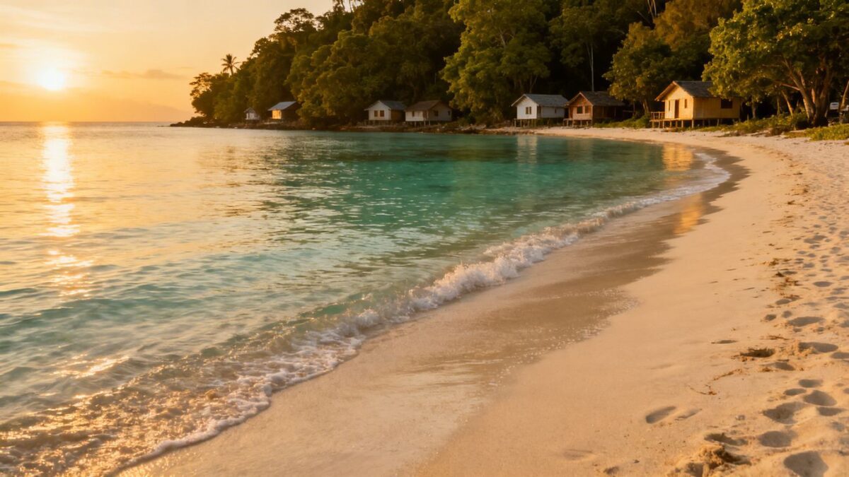 Ruhiger Ostseestrand mit klarem Wasser und grünen Bäumen.