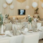 a dining room set up for a formal function