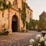 Romantische Burg mit Efeu und Blumen im Sonnenuntergang