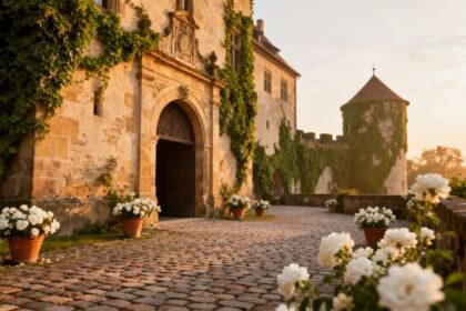 Romantische Burg mit Efeu und Blumen im Sonnenuntergang