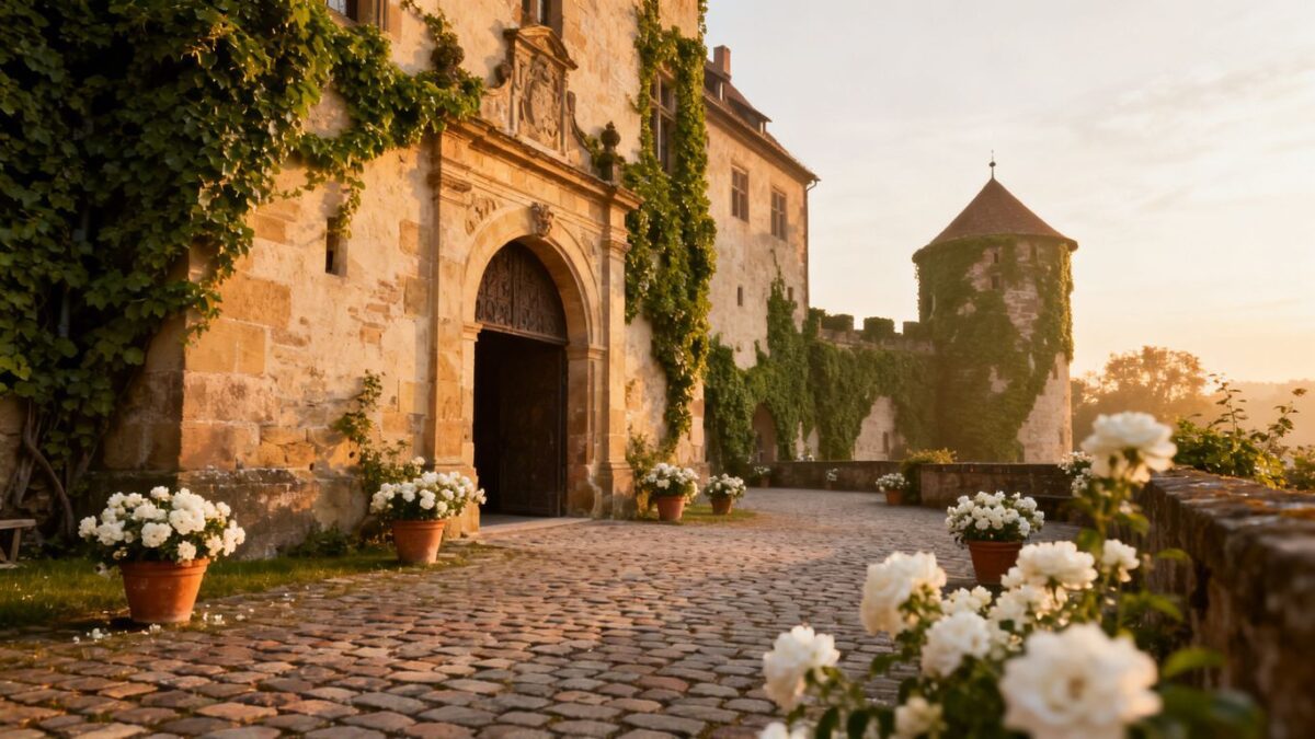 Romantische Burg mit Efeu und Blumen im Sonnenuntergang