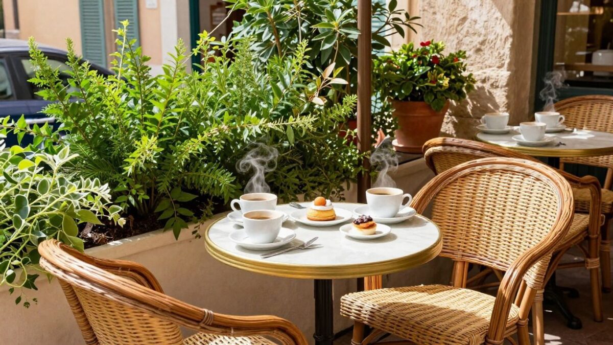 Entspanntes Café mit Kaffeetassen und Gebäck auf der Terrasse.