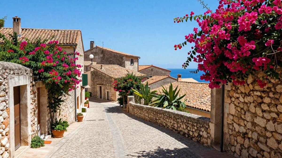 Malerisches Dorf in der Nähe von St. Tropez mit Kopfsteinpflasterstraßen.